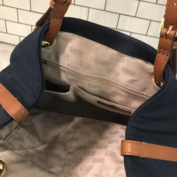 Michael Kors Tote Bag Womens Large Blue Canvas Leather Shoulder Purse MK Charm - Picture 8 of 14